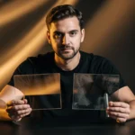 Man in black shirt holding two reflective glass panels under warm studio lighting.