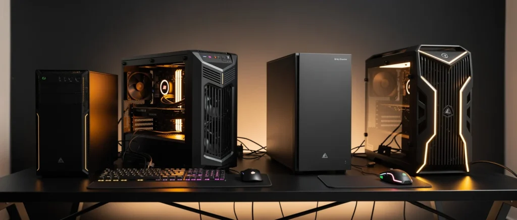 Six gaming desktop computers with illuminated interiors arranged on a table against a brown background.