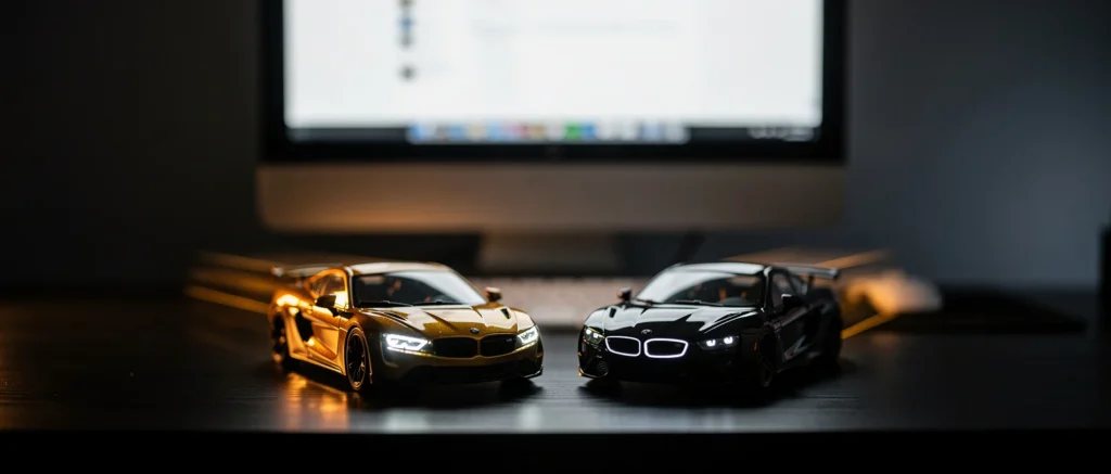 Gold and black die-cast BMW model cars on a dark surface with a computer monitor in the background.