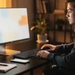 Man working at a desk with a computer monitor, keyboard, and notebooks in a warmly-lit home office.