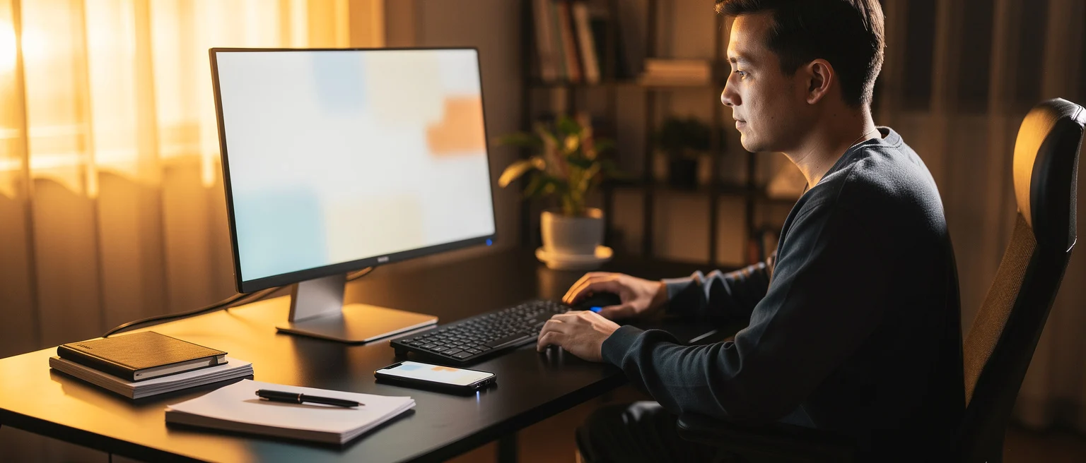 Man working at a desk with a computer monitor, keyboard, and notebooks in a warmly-lit home office.