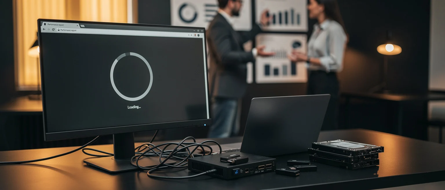 Monitor displaying a loading spinner with "Loading..." text, with colleagues and charts visible in the blurred background.