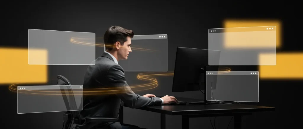 Man in business suit sitting at desk with multiple transparent browser windows and golden light trails around him.
