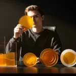 Person holding a yellow circle in front of display of amber and clear glass vessels on a table.
