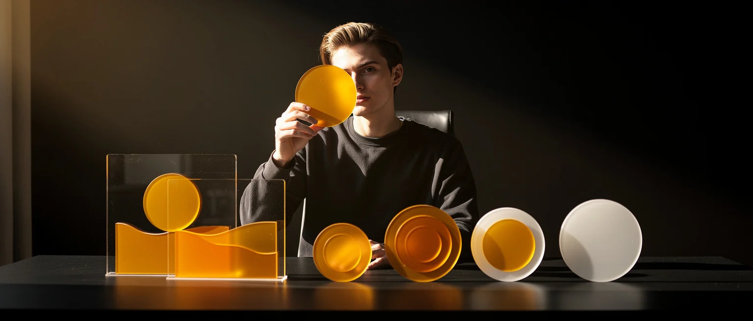 Person holding a yellow circle in front of display of amber and clear glass vessels on a table.