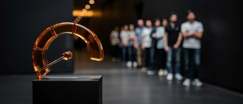 Illuminated orange glass gauge sculpture on a black pedestal with blurred people standing in the background.