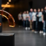Illuminated orange glass gauge sculpture on a black pedestal with blurred people standing in the background.