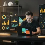 Man working at desk with laptop surrounded by data analytics dashboards on multiple monitors.