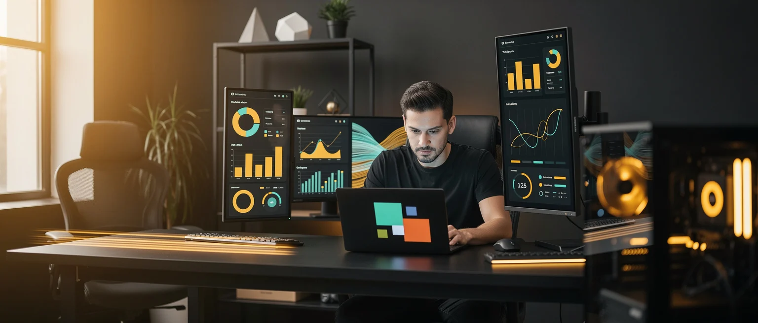 Man working at desk with laptop surrounded by data analytics dashboards on multiple monitors.
