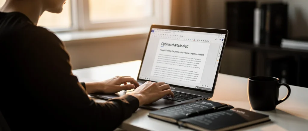 Person typing on a laptop displaying an "Optimised article draft" document at a desk with a coffee mug and notebooks.