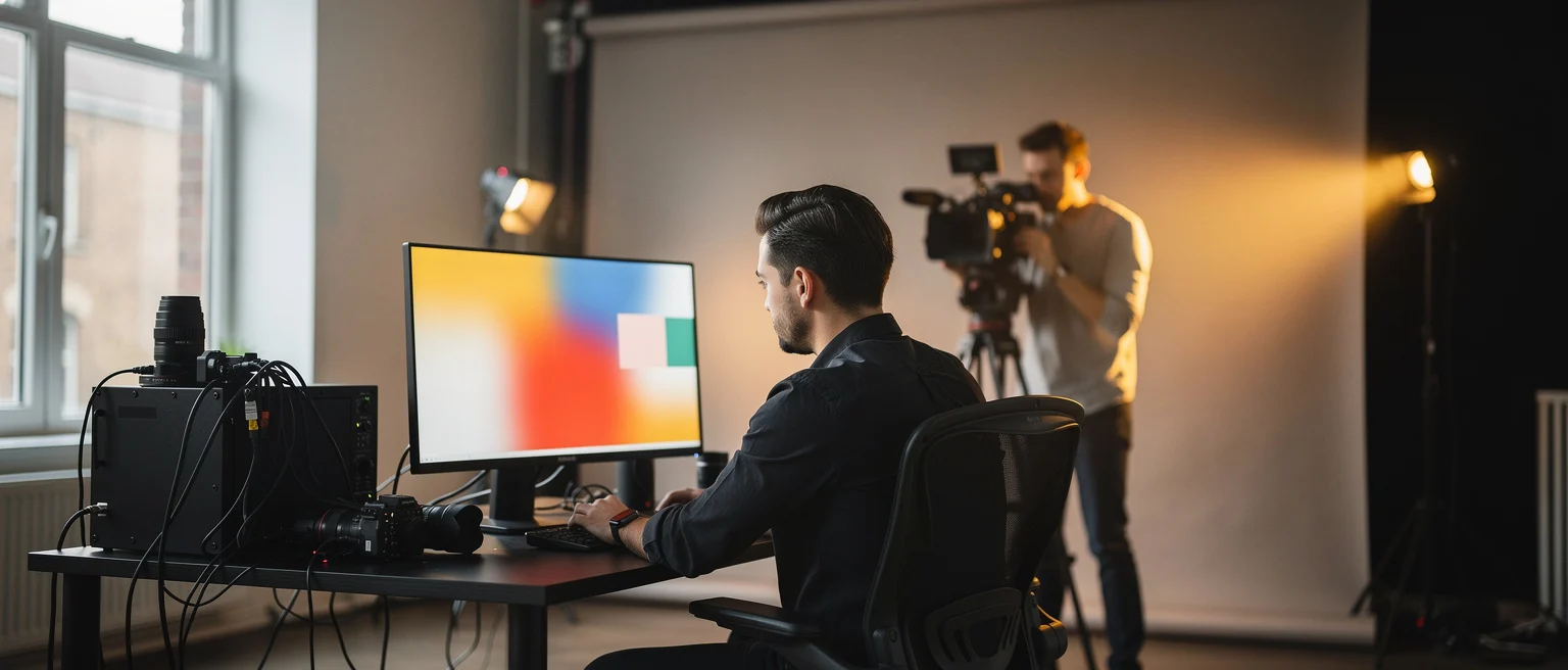 Man at desk with monitor and audio equipment while cameraman films in studio with warm lighting.