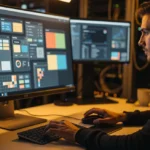 Man working at desk with design software open on monitor, showing UI elements and color palettes.