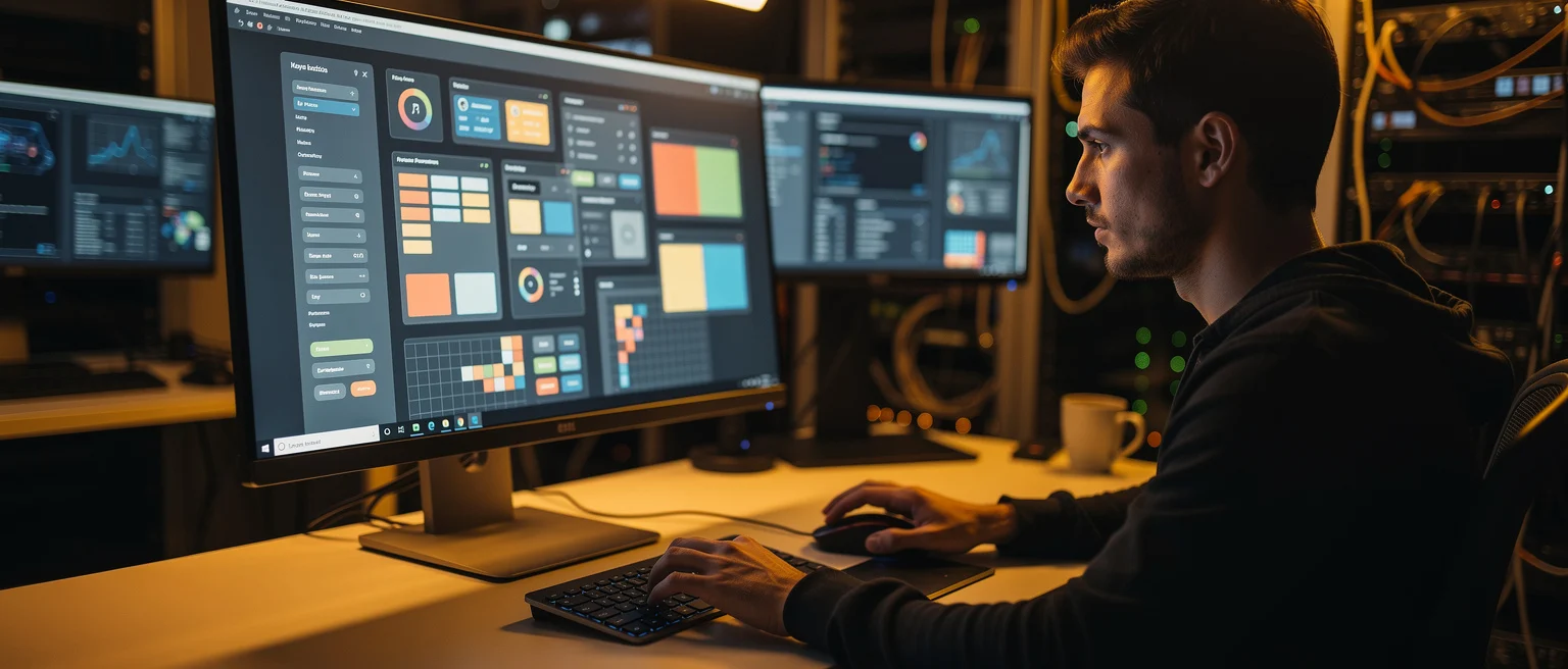 Man working at desk with design software open on monitor, showing UI elements and color palettes.