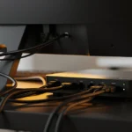 Network switch with cables connected to a monitor on a desk.