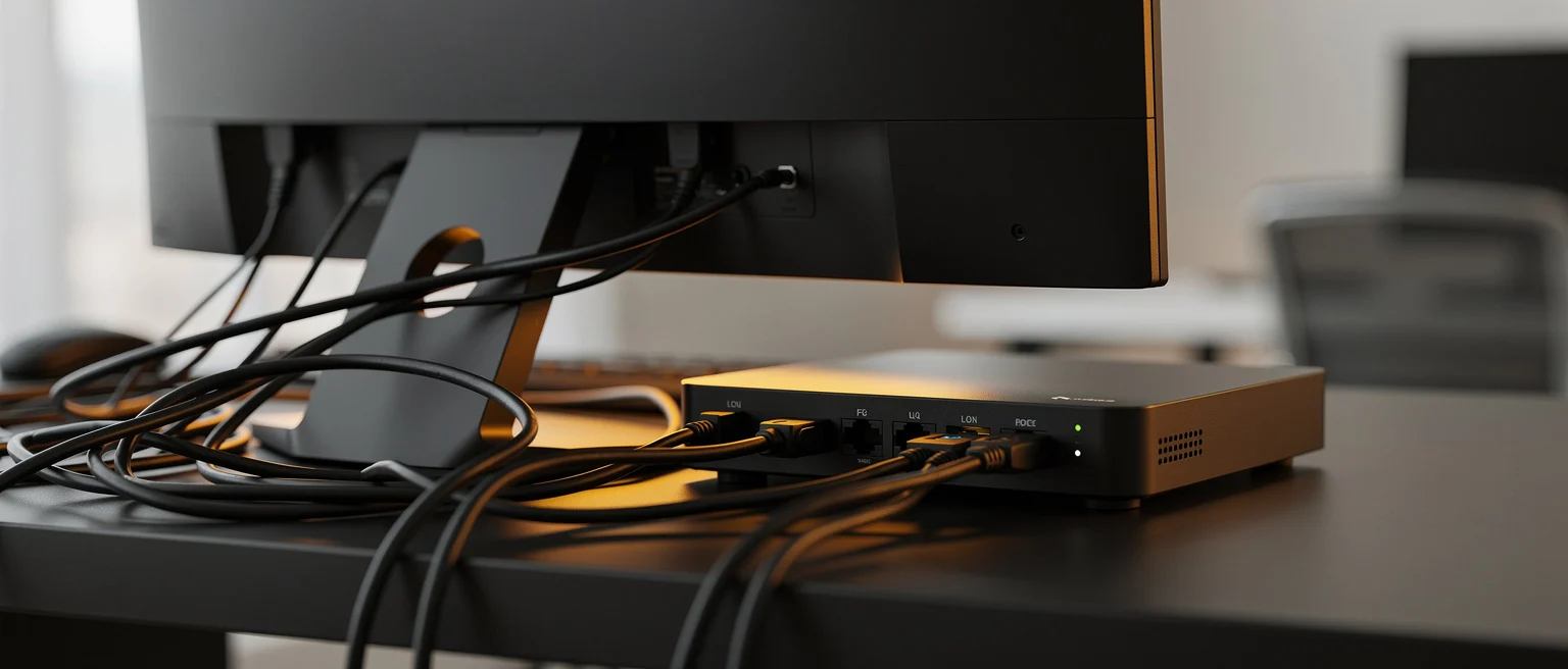 Network switch with cables connected to a monitor on a desk.