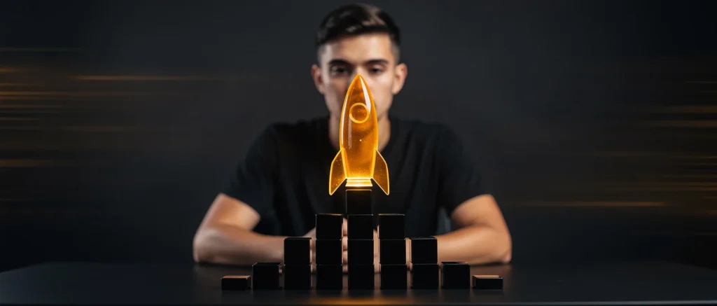 Man in black shirt behind stacked black cubes with glowing orange rocket on top.