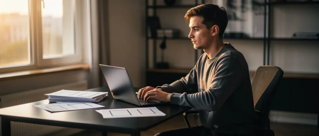 Man sitting at desk typing on laptop with papers and documents nearby, sunlight coming through window.