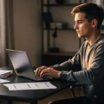 Man sitting at desk typing on laptop with papers and documents nearby, sunlight coming through window.