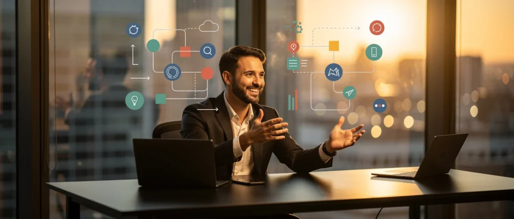 Businessman at desk with laptop gesturing toward digital workflow diagram on glass window with city skyline background.