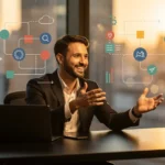 Businessman at desk with laptop gesturing toward digital workflow diagram on glass window with city skyline background.