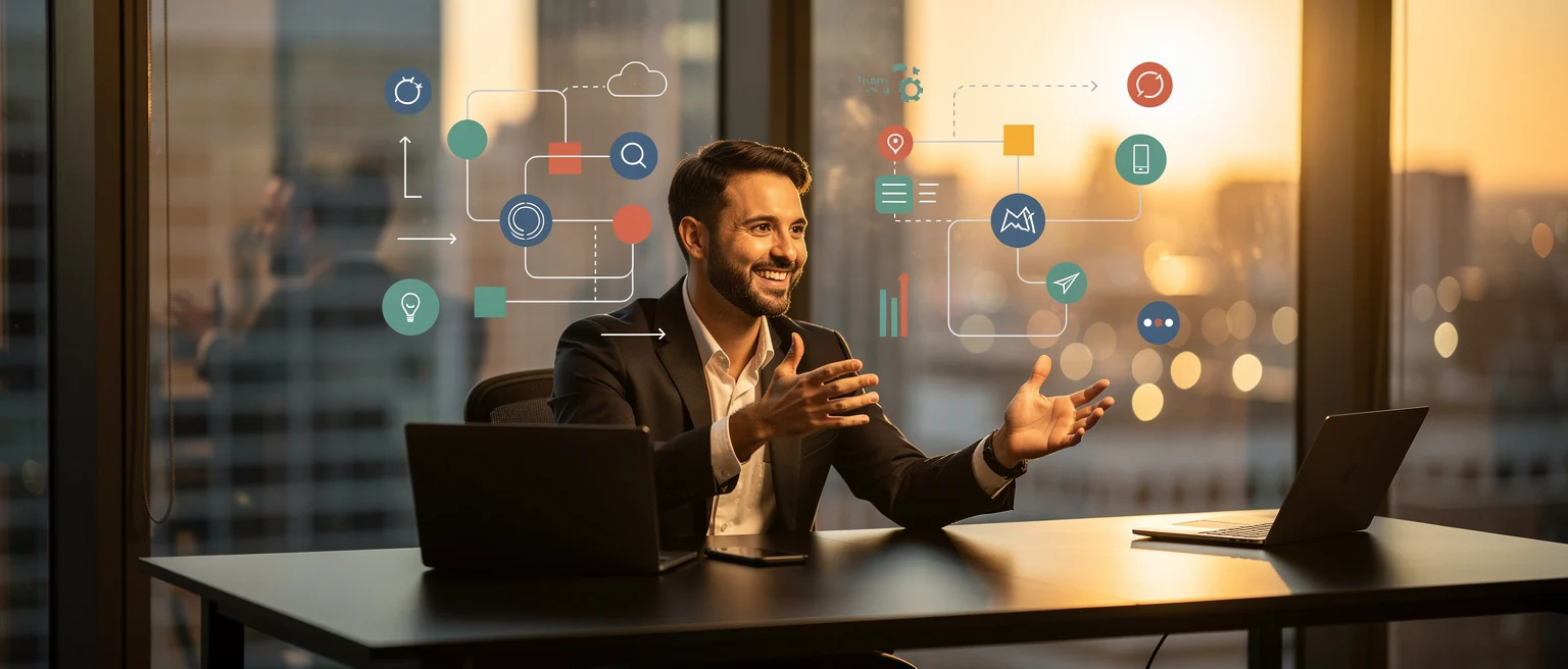 Businessman at desk with laptop gesturing toward digital workflow diagram on glass window with city skyline background.