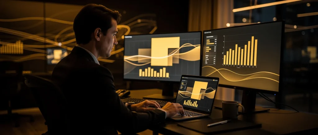 Man in business suit working at laptop with multiple monitors displaying yellow bar charts and wave graphs at night.