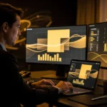 Man in business suit working at laptop with multiple monitors displaying yellow bar charts and wave graphs at night.