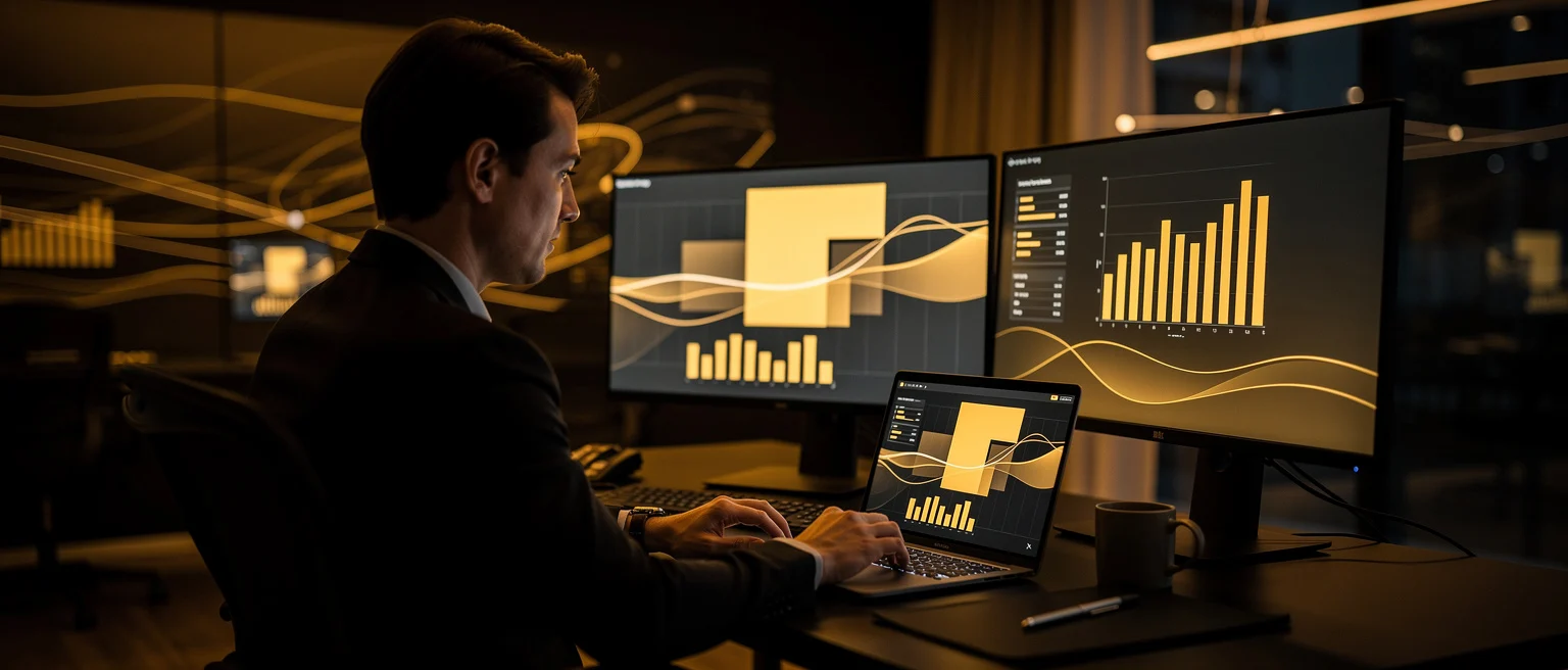 Man in business suit working at laptop with multiple monitors displaying yellow bar charts and wave graphs at night.
