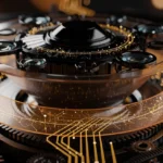 Futuristic sci-fi device with glowing gold circuit patterns, transparent layers, black gears, and illuminated components on d