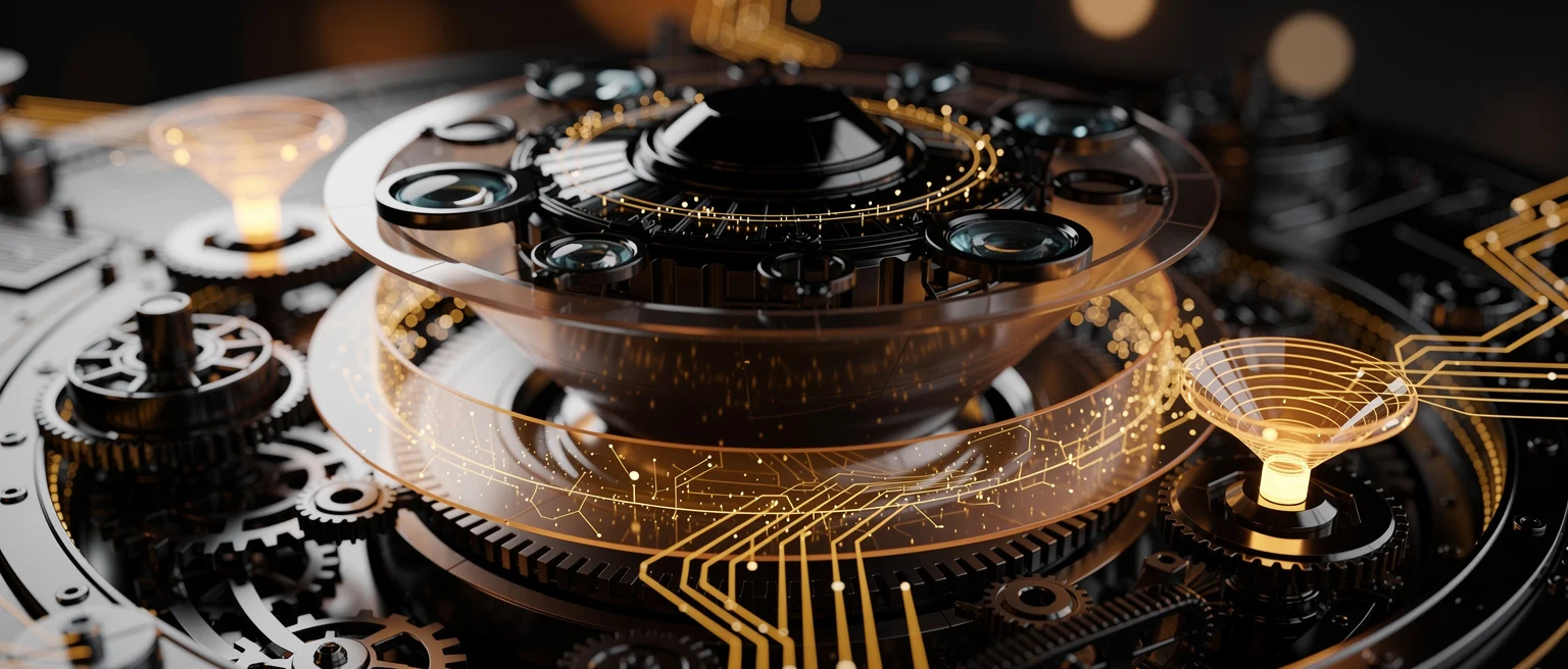 Futuristic sci-fi device with glowing gold circuit patterns, transparent layers, black gears, and illuminated components on d