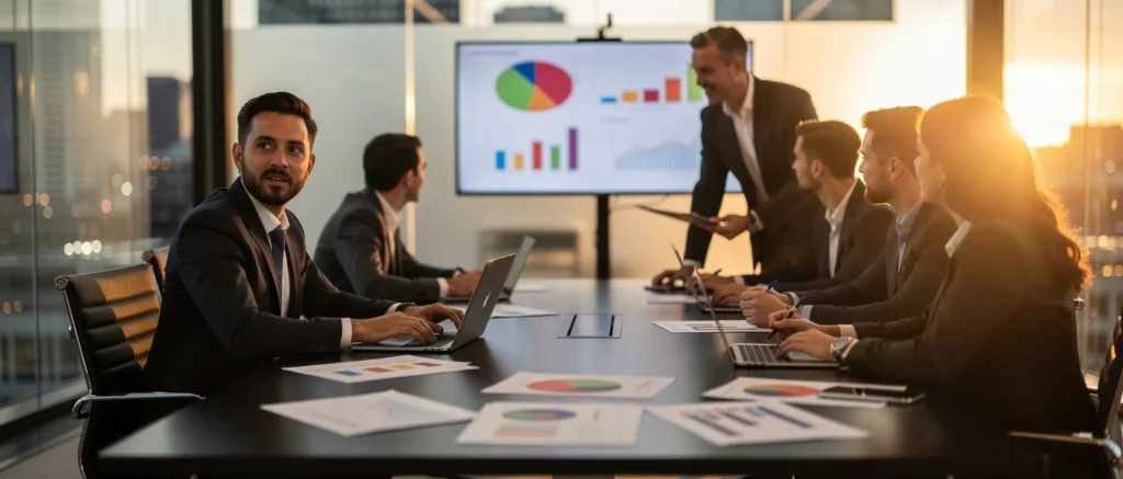 Business team in conference room with laptops and data charts on screen and table during sunset.