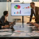 Business team in conference room with laptops and data charts on screen and table during sunset.