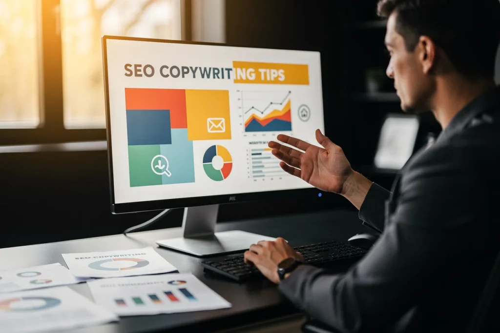 Man pointing at monitor displaying SEO copywriting tips with charts and graphs.