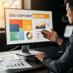 Man pointing at monitor displaying SEO copywriting tips with charts and graphs.