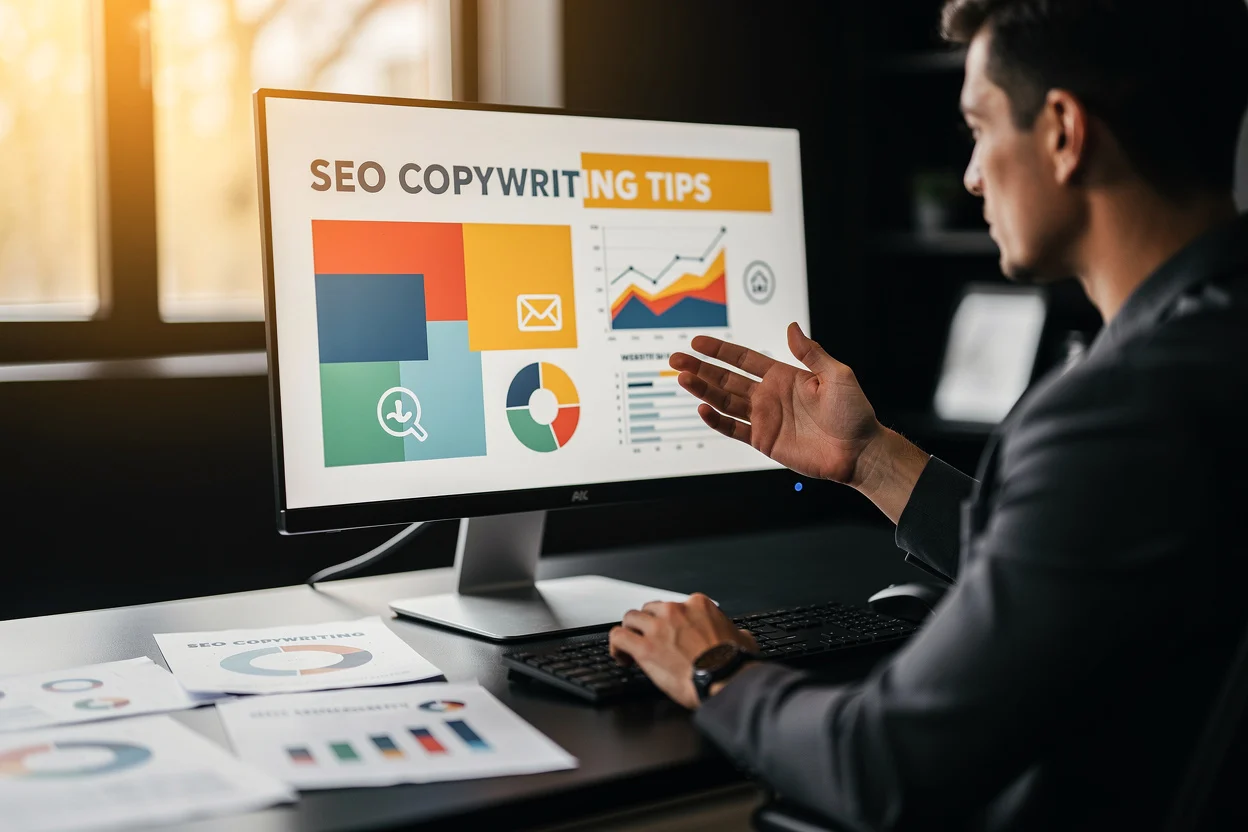 Man pointing at monitor displaying SEO copywriting tips with charts and graphs.