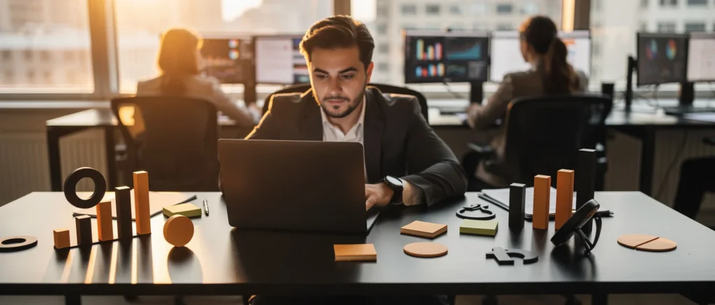 Man in business suit working on laptop at desk with colleagues in office background.
