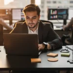 Man in business suit working on laptop at desk with colleagues in office background.