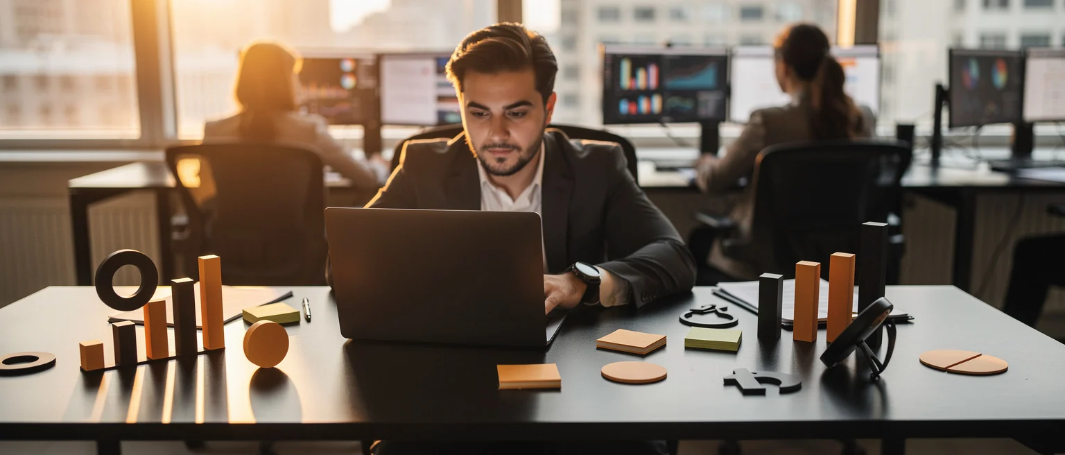 Man in business suit working on laptop at desk with colleagues in office background.
