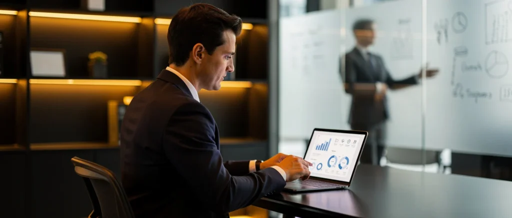 Businessman in dark suit works on laptop displaying charts and graphs while colleague presents at whiteboard in background.