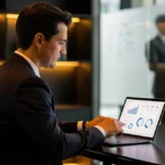 Businessman in dark suit works on laptop displaying charts and graphs while colleague presents at whiteboard in background.