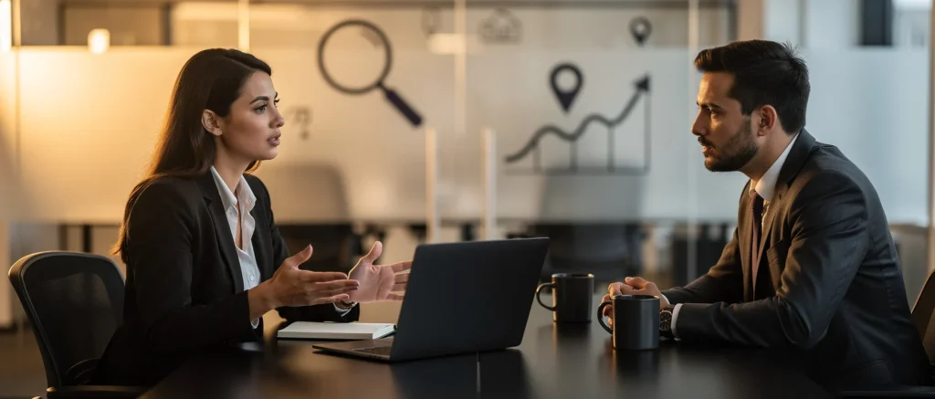 Two business professionals in formal attire discuss work at a conference table with a laptop and coffee mugs.