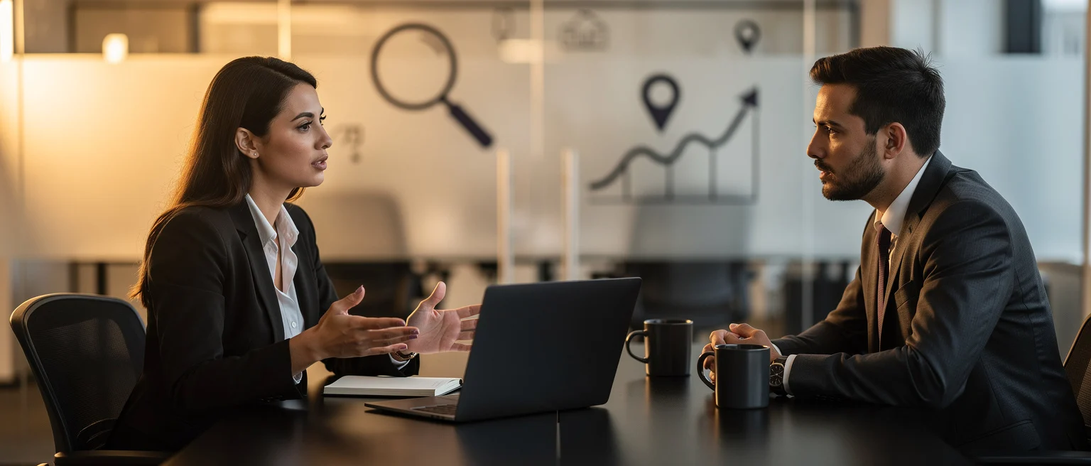 Two business professionals in formal attire discuss work at a conference table with a laptop and coffee mugs.