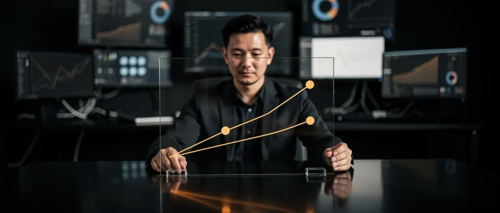 Man in business suit interacting with glowing upward trending line graphs on transparent display with computer monitors in ba