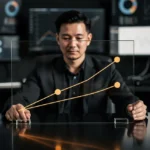 Man in business suit interacting with glowing upward trending line graphs on transparent display with computer monitors in ba