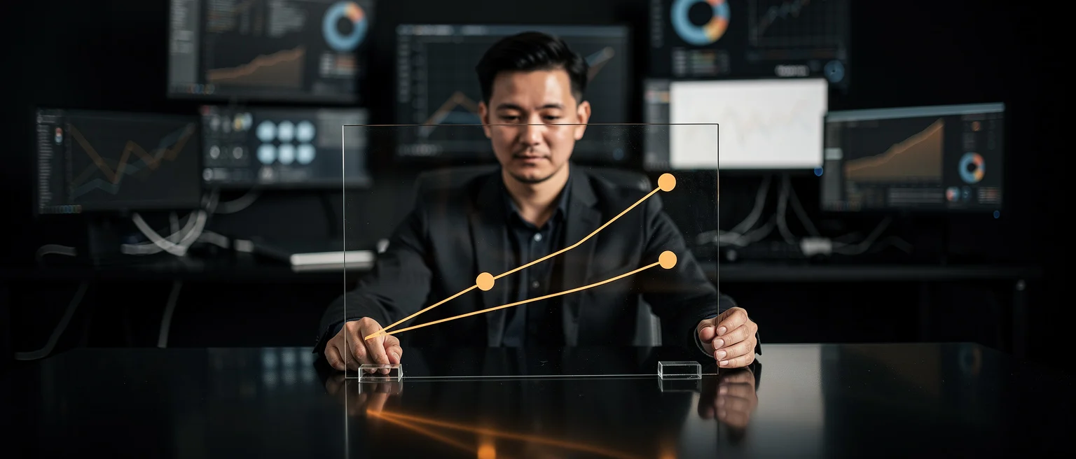 Man in business suit interacting with glowing upward trending line graphs on transparent display with computer monitors in ba