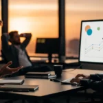 Two business professionals discuss data analytics at a conference table with a city skyline at sunset in the background.