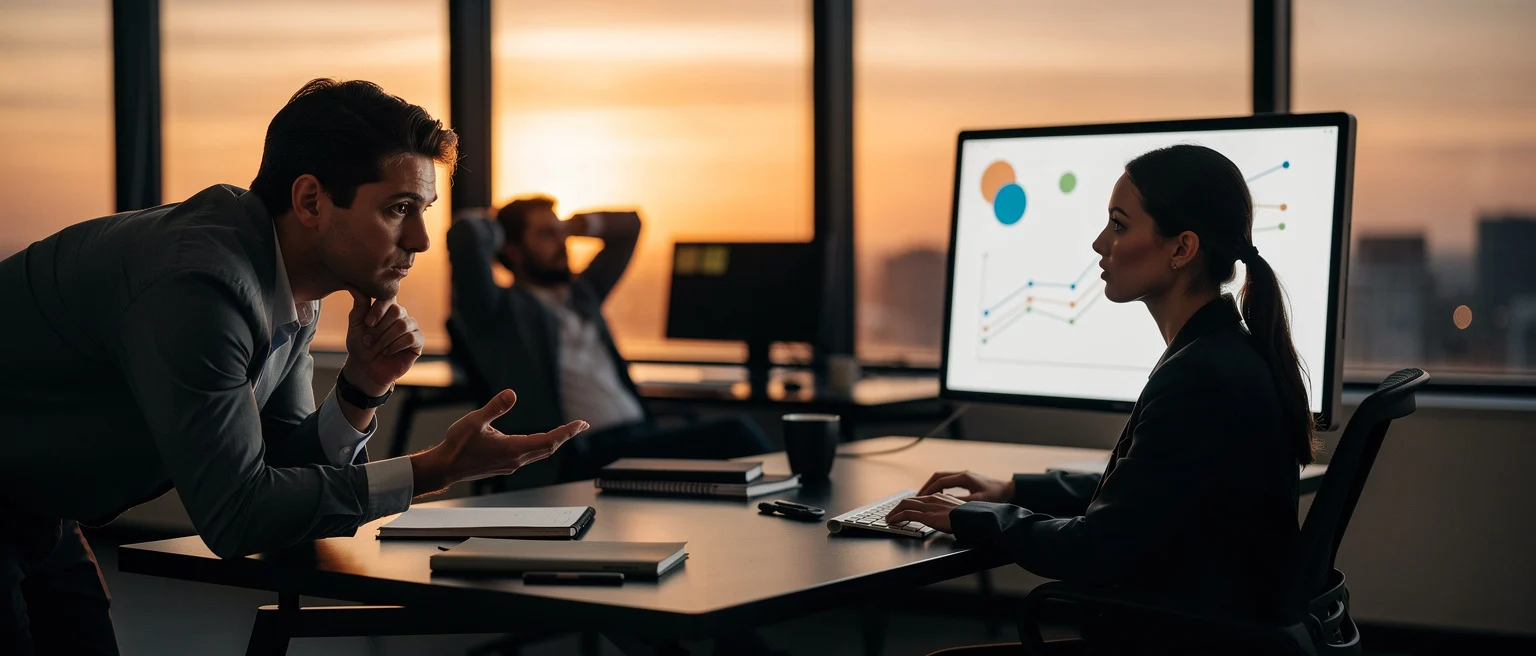 Two business professionals discuss data analytics at a conference table with a city skyline at sunset in the background.