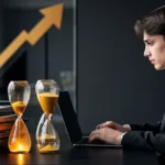 A business professional in a black blazer works at a laptop at a desk with hourglasses and documents, with a gold upward arro