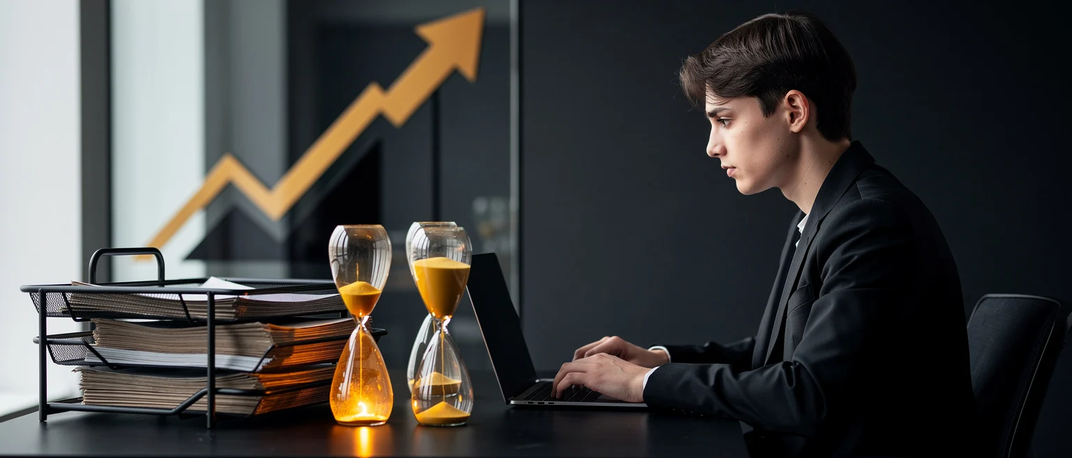 A business professional in a black blazer works at a laptop at a desk with hourglasses and documents, with a gold upward arro