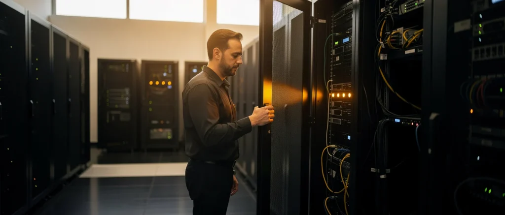 IT technician opening a server rack door in a data center with networking equipment visible.